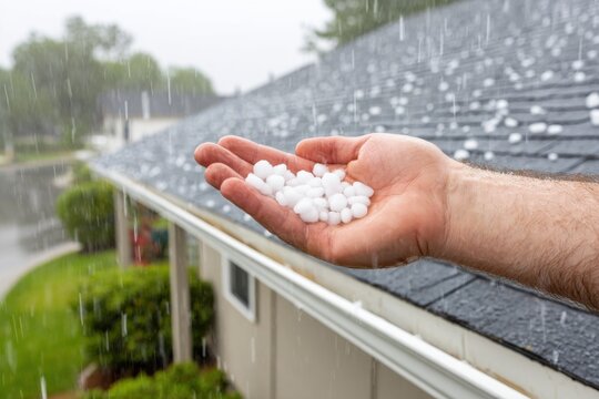 Handful of hailstones collected during a hailstorm, hailstones falling on a roof during a storm.