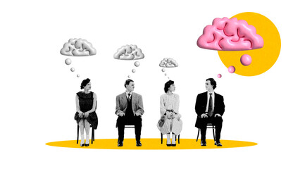 Collage of people sitting with thought bubbles shaped as brains in communication concept. Concept...