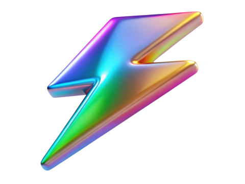 Metallic lightning bolt icon glossy iridescent colors electricity symbol design element 3d illustration isolated on transparent background - Powered by Adobe