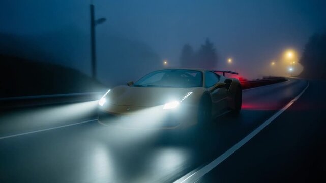 Yellow Ferrari Driving Through Foggy Mountain Road at Night.