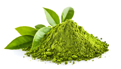 Matcha tea, finely ground powder and green tea leaves on white background