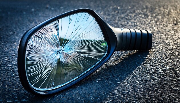 shattered car mirror on dark asphalt a symbol of damage