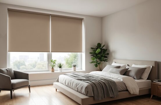 Stylish modern bedroom features beige blackout roller blinds on plastic window for light control, privacy. Features comfortable bed, armchair, indoor plants creating serene, lived-in atmosphere.