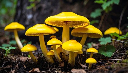 Cluster of bright yellow mushrooms in forest floor