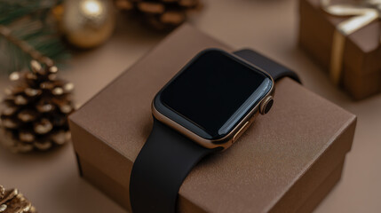 Modern black square smartwatch with blank screen placed on a brown gift box, minimalist product presentation.