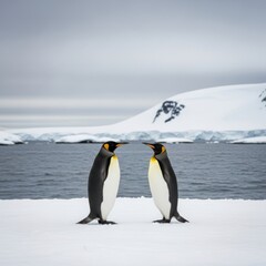 Fototapeta premium Pair of regal king penguins on icy landscape with snowy backdrop, Antarctic scene