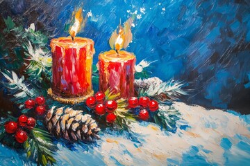 Watercolor painting of lit advent candles, adorned with pine branches, ornaments, and a snowy backdrop, evokes a warm christmas atmosphere