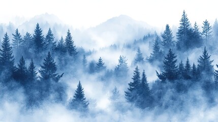 Fototapeta premium Misty Pine Forest Landscape with Mountains in Background 