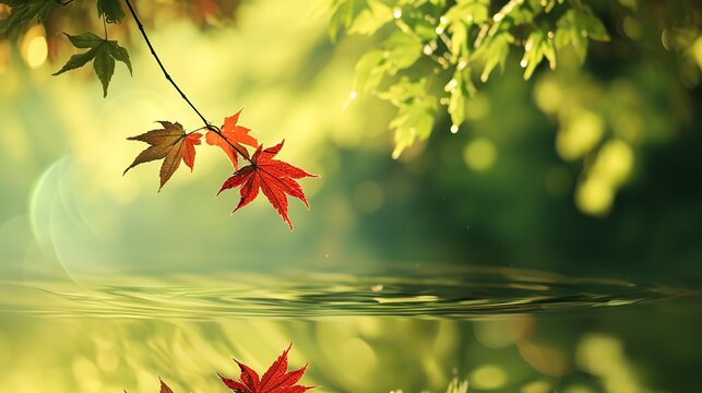 Red maple leaves float on the water, green reflection in the background, natural scenery in green and blue tones, fresh atmosphere, high-definition natural lighting, clear details, vivid red contrast.