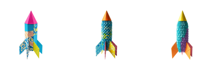 Creative paper rockets launching in a bright studio environment with vibrant colors and fun patterns. Set PNG
