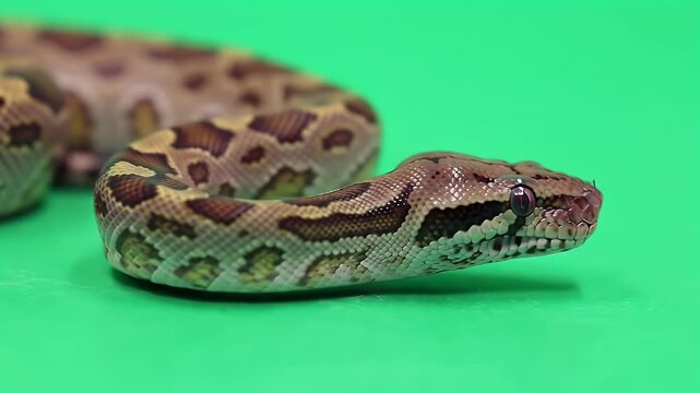 Close-up of a Beautiful Patterned Snake, likely a Python or Boa, with Intricate Brown and Tan Scales, Slithering on a Vibrant Green Background. Exo...
