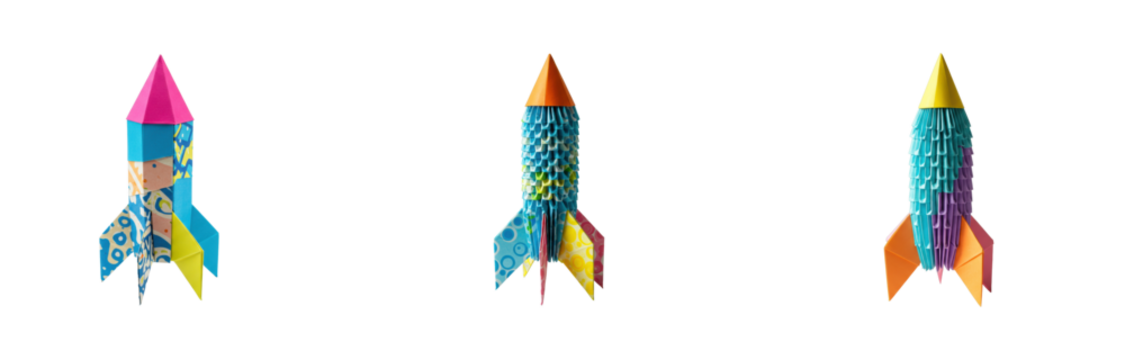 Creative paper rockets launching in a bright studio environment with vibrant colors and fun patterns. Set PNG