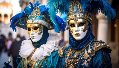 Elaborate Venetian Masks with Blue Feathers and Golden Accents at Carnival Celebration