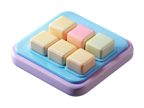 Pastel colored cubes arranged on rounded square platforms in isometric view soft hues and glossy finish modern abstract design 3d illustration isolated on transparent background