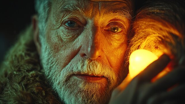 Close-up of aged man holding lit bulb
