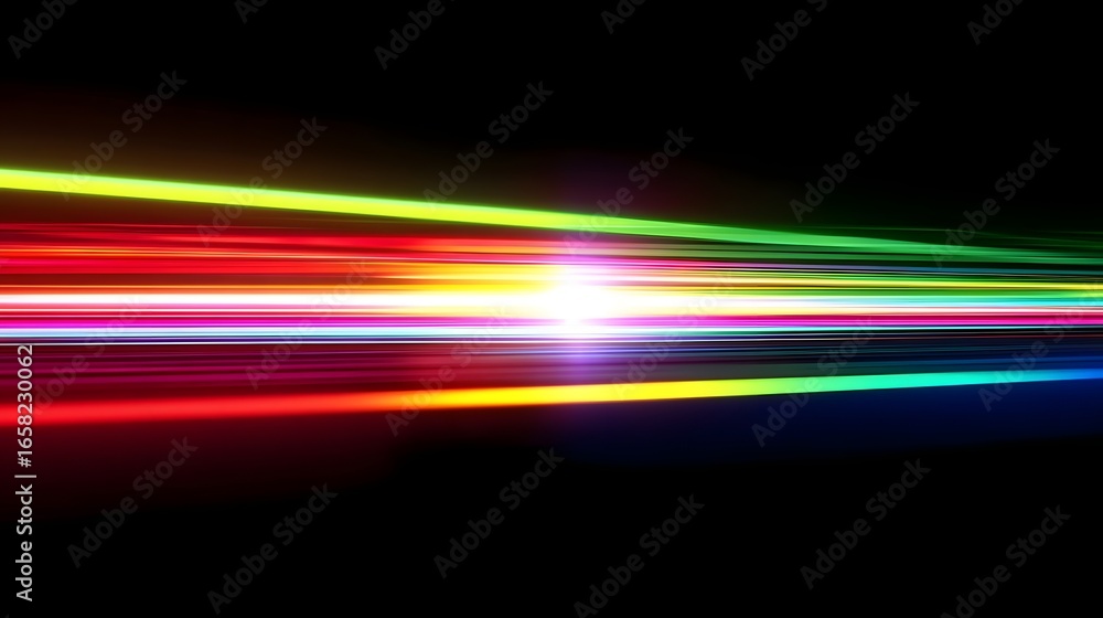 Poster a vibrant colorful light beam radiating from a central point against a dark background, creating a s