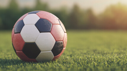 Fototapeta premium Close up of glowing soccer ball on vibrant green grass field with blurred natural background and warm sunlight glow