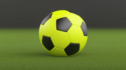 Obraz premium Close up of glowing yellow and black soccer ball resting on green grass with dark blurred background, evoking sporty excitement