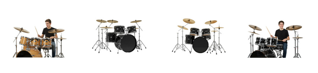 Fototapeta premium Dynamic drumming performance studio performance art indoor rhythm and beat. Set PNG