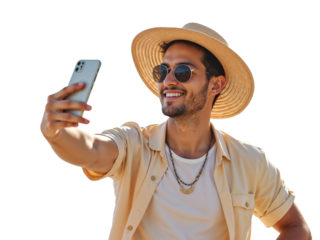 Happy young man enjoying summer vacation taking a selfie isolated on transparent background