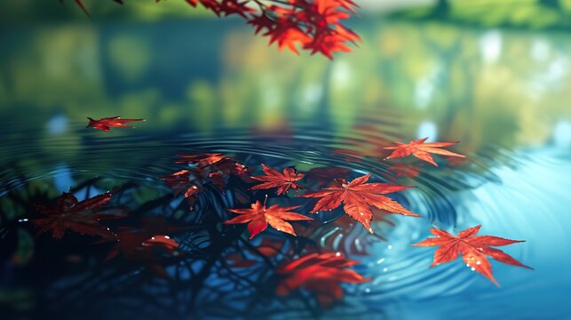 Red maple leaves float on the water, green reflection in the background, natural scenery in green and blue tones, fresh atmosphere, high-definition natural lighting, clear details, vivid red contrast.