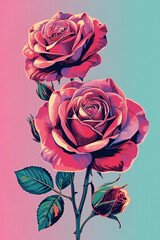 Illustration of Pink Roses and Rosebud on a Stem