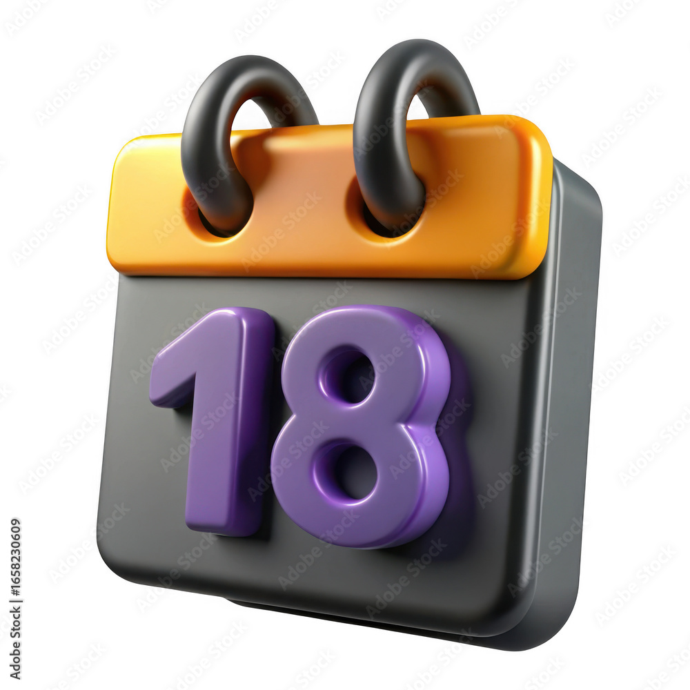 Poster 3d rendered calendar icon showing the 18th isolated on transparent background