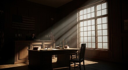 Sunbeams illuminating a historical law office with an American flag