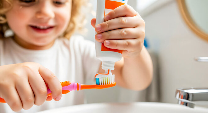 Child Learning to Brush Teeth in Bathroom