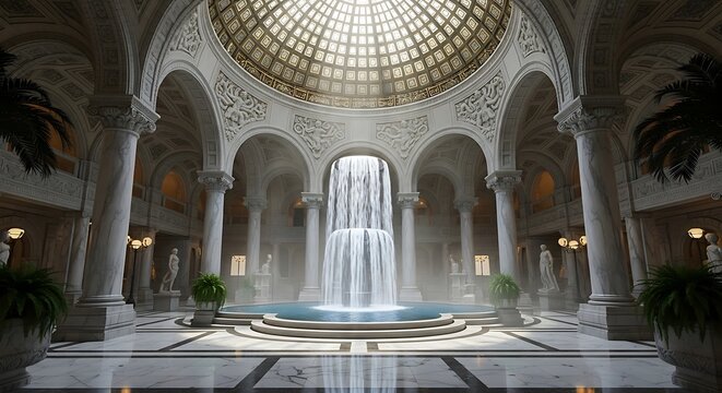 An opulent interior hall with a grand domed ceiling, classical architecture, ornate details, and a central waterfall fountain