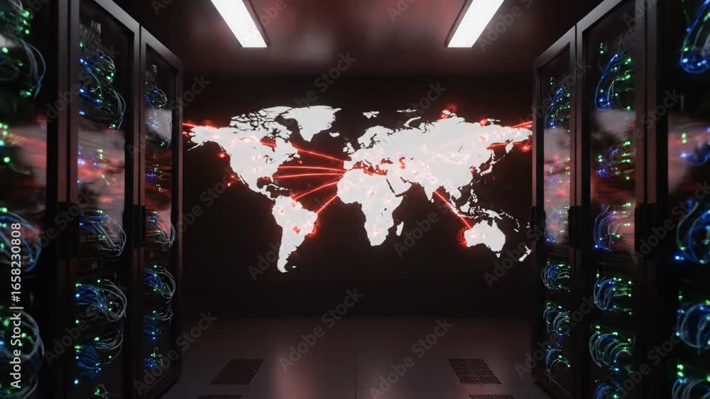 Poster global data network security in server room - a server room interior features rows of lit server rac