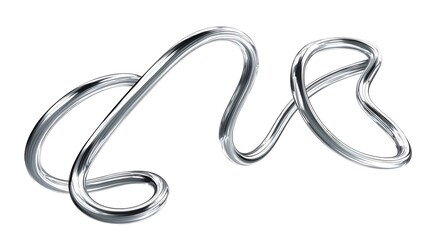 Fototapeta premium Abstract silver metallic sculpture on white background. 3d chrome spiral template. Silver metal curve element on black background. Y2k fluid wave, flow swirl, 3d path. Dynamic steel shapes.