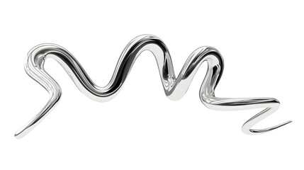 Abstract silver metallic sculpture on white background. 3d chrome spiral template. Silver metal curve element on black background. Y2k fluid wave, flow swirl, 3d path. Dynamic steel shapes.