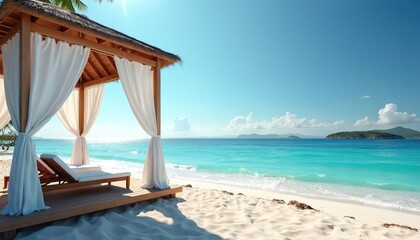 Luxury cabana with white curtains overlooks turquoise sea at sunset. Offers panoramic ocean views, white sand beach, tranquil island scenery. Perfect tropical vacation spot for ultimate relaxation,