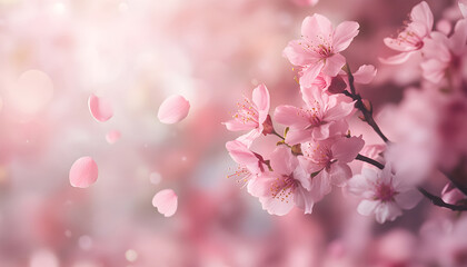 Obraz premium Pink sakura petals falling gracefully in soft light. Cherry blossoms on branch, blurred background, romantic atmosphere
