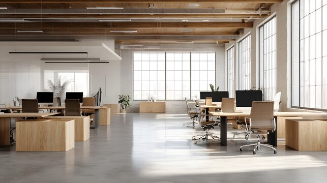 A softly modern office interior with large windows showcasing a stunning urban city view at sunset. Featuring elegant wooden desks, lush green plants, and warm lighting, creating a modern. - Powered by Adobe