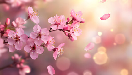 Obraz premium Pink sakura petals falling gracefully in soft light. Cherry blossoms on branch, blurred background, romantic atmosphere