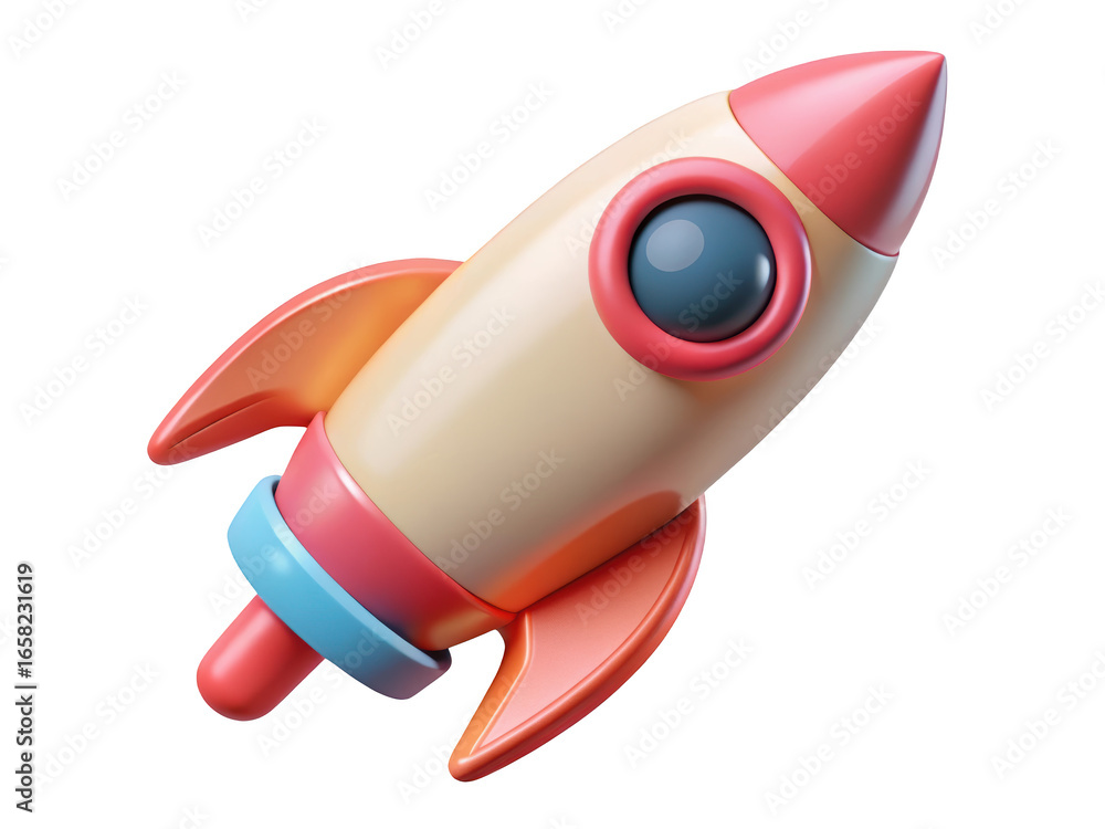 Poster retro style rocket ship with round window in space exploration rendered in 3d graphics 3d illustrati