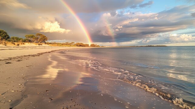 A scenic view of a sandy beach with gentle waves and a vibrant rainbow stretching across the cloudy sky - Powered by Adobe