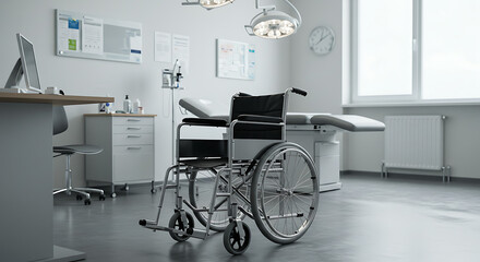 A detailed view of a wheelchair in a bright, modern medical examination room.
