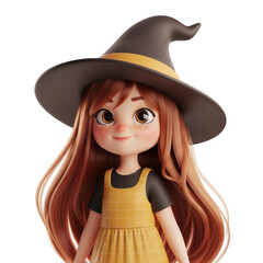 3d adorable witch girl with hat isolated on transparent background