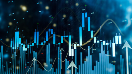 holographic candlestick chart with neon moving averages, uptrend arrows, digital values of the price index and investment return