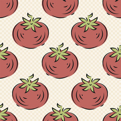 Vector playful red hand-drawn tomato seamless pattern background. Retro painterly tomatoes geometric backdrop. Vintage kitchen look.Retro rustic charm for country cafe, restaurant, farmers market