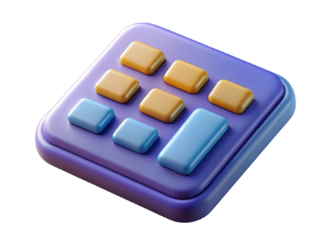Stylized calculator icon featuring rounded buttons in blue and gold colors aesthetic simple design 3d illustration isolated on transparent background