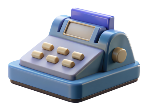 Stylized blue cash register with buttons and screen for retail transactions 3d illustration isolated on transparent background
