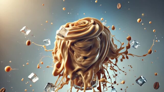 Frappe splash with iced coffee foam and crushed ice frozen in dynamic motion.
