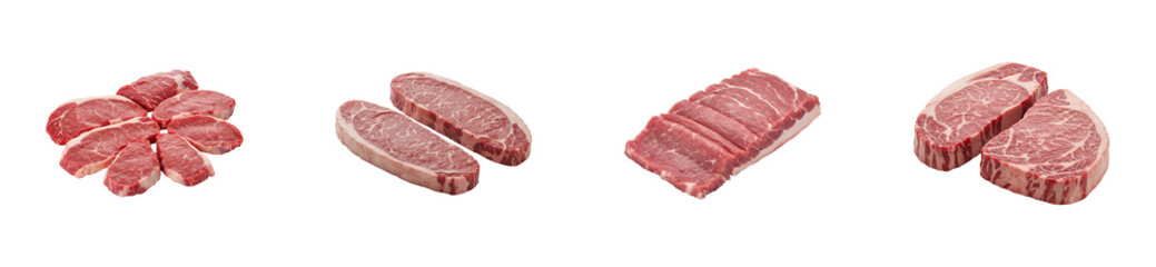 Fototapeta premium Sizzling meat cuts gourmet kitchen food bright lighting culinary art. Set PNG