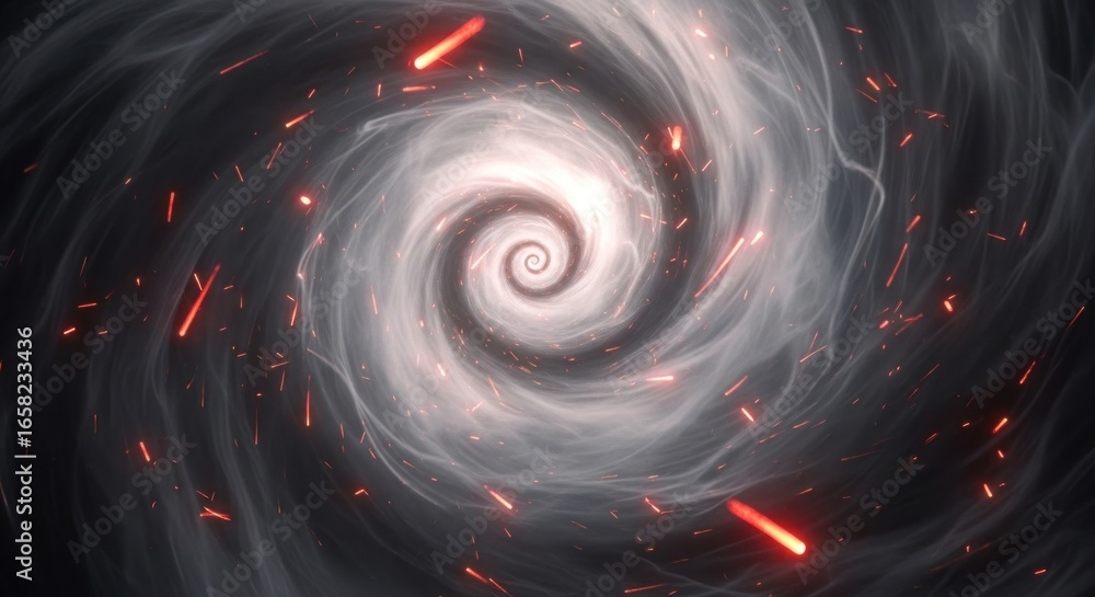 Poster a digital artistic red spiral fractal vortex with a texture of light and wave motion, creating an ab