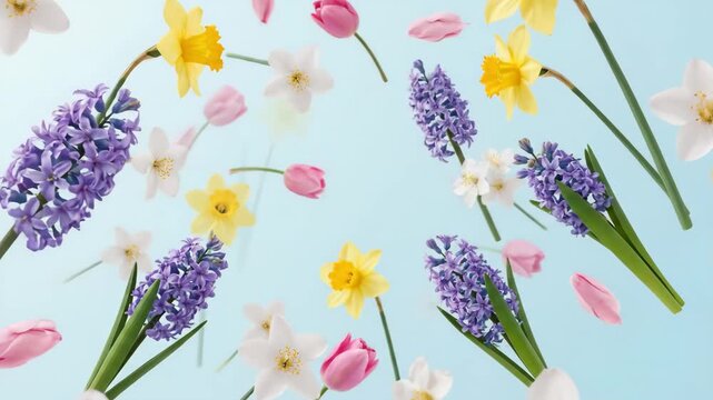 Pastel Spring Flowers Falling - A light blue background features various pastel-colored spring flowers, including hyacinths, daffodils, and tulips, seemingly floating and falling in a vibrant,