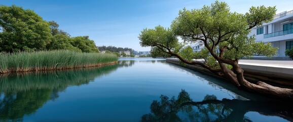 Serene waterway with lush greenery and a leaning tree